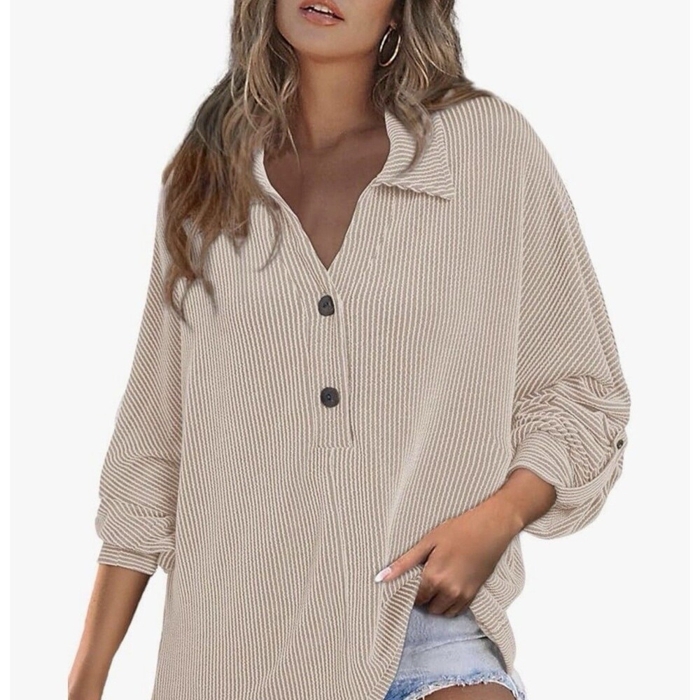 Ladies Pullover V Neck Casual Shirt Women Loose Fit Daily Long Sleeve Shirts 2XL